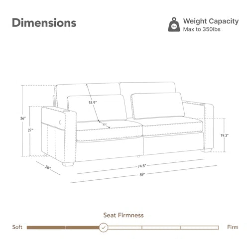 High Back 89'' W Sofa With Movable Lumber Pillow And Cup Holders